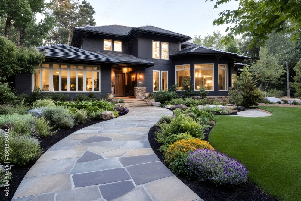 Naklejka premium Modern luxury house with landscaped garden and flagstone walkway during twilight