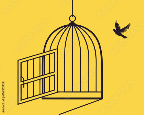 Bird flying away from open cage, symbolizing freedom and liberation. Empty birdcage with open door as a metaphor for escape and independence.