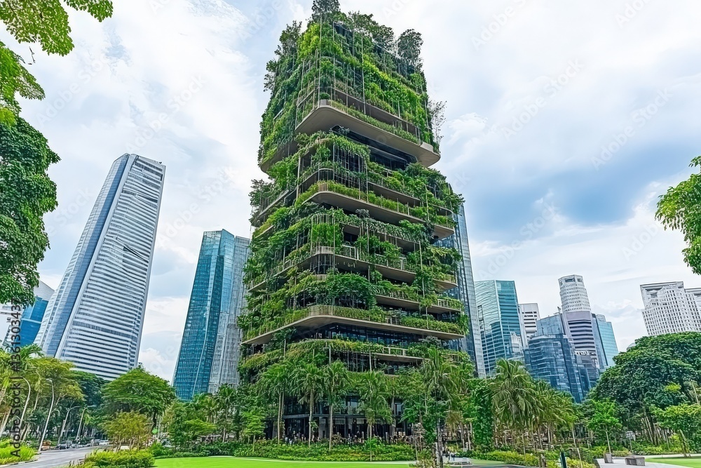 Fototapeta premium Stunning view of a lush, green, vertical garden skyscraper amidst modern city buildings. A symbol of sustainable urban design and architecture.