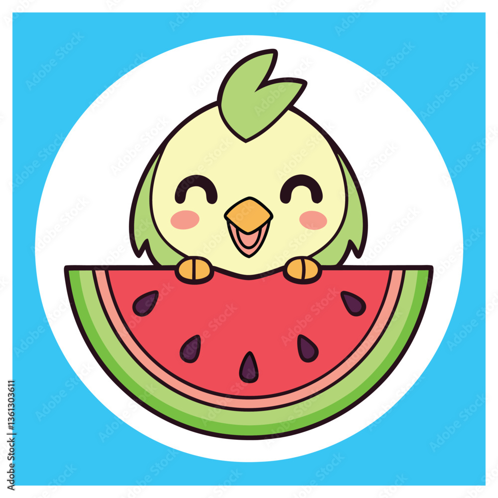 Obraz premium Cute Cartoon Bird Holding Watermelon Slice, Smiling, Light Yellow, Summer Fruit