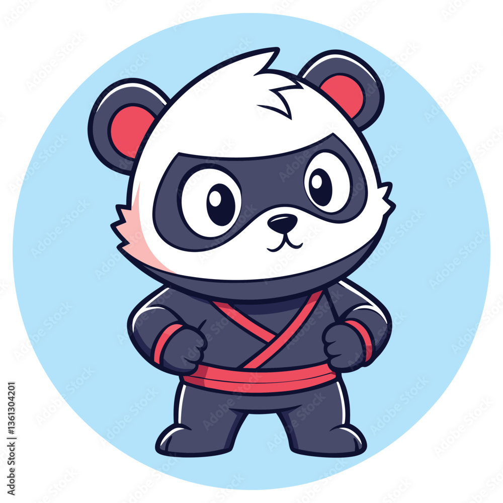 Naklejka premium Cartoon Panda Character in Black Suit with Red Belt on Light Blue Circle