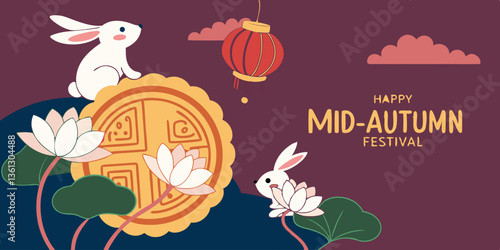 Creative Chinese style welcome banner. 3D illustration of mooncake decorated with lotus flowers and cute jade rabbits on a classic moon background. Translation: Happy Mid-Autumn Festival.
