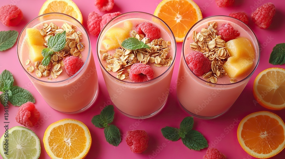 Refreshing smoothies and crunchy granola arranged in flat lay, perfect for a healthy breakfast or snack Refreshing smoothies and crunchy granola arranged in flat lay, perfect for a healthy breakfast or snack