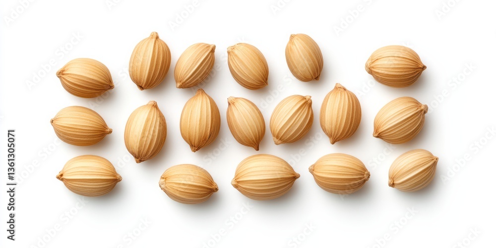 Several coriander seeds are arranged on a white background Several coriander seeds are arranged on a white background