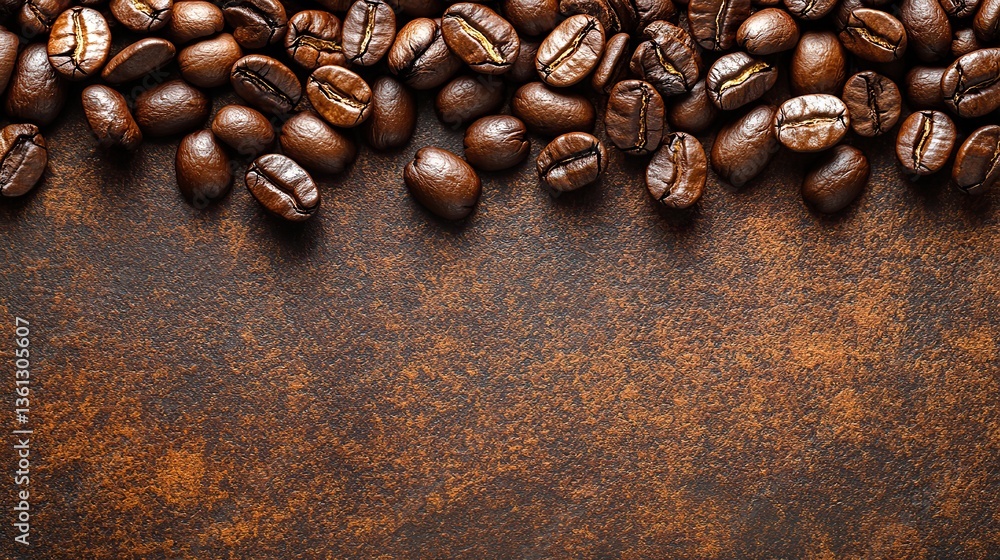 Rich roasted coffee beans scattered on a textured brown background create a warm and inviting atmosphere, perfect for coffee-related designs Rich roasted coffee beans scattered on a textured brown background create a warm and inviting atmosphere, perfect for coffee-related designs