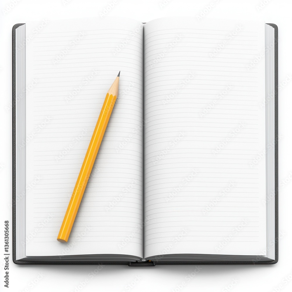 Open Notebook with Blank Pages and Yellow Pencil on White Background Open Notebook with Blank Pages and Yellow Pencil on White Background