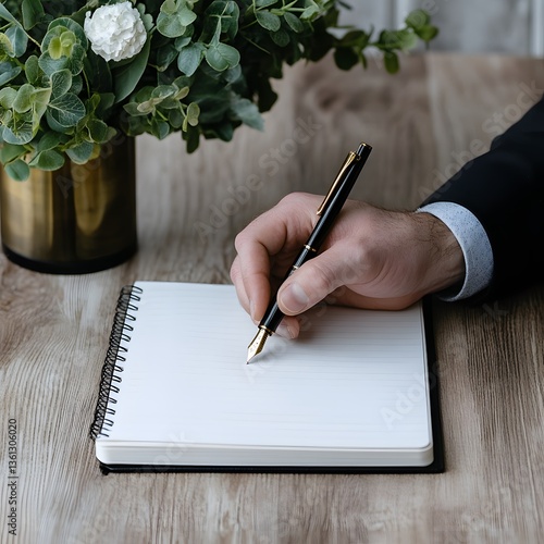 Man writing notes, desk, flowers, office, planning