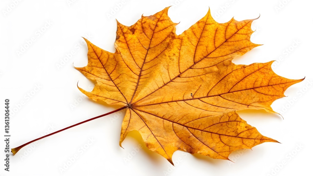 Fototapeta premium Golden Autumn Maple Leaf with Intricate Veins, Isolated on a White Background, showcasing its detailed veins and autumn hues, High-Quality Seasonal Nature Stock Photo