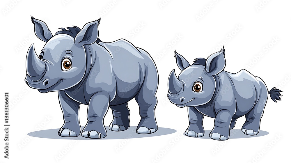 Fototapeta premium Adorable Rhino Mom and Calf: A Charming Cartoon Illustration AI Generated