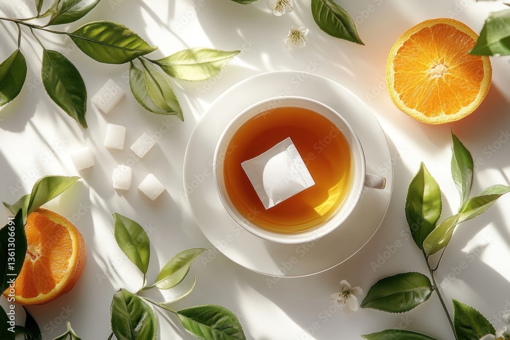 a refreshing cup of tea with orange slices sugar cubes delicate blossoms and lush greenery creating a calming and invigorating visual experience a refreshing cup of tea with orange slices sugar cubes delicate blossoms and lush greenery creating a calming and invigorating visual experience