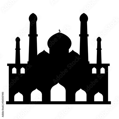 Vector illustration of a mosque silhouette with minarets and domes on a white background