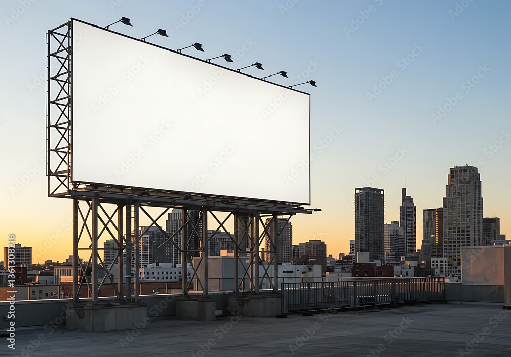 Billboard Overlooking City Skyline at Sunset Offers Advertisement Possibilities Billboard Overlooking City Skyline at Sunset Offers Advertisement Possibilities
