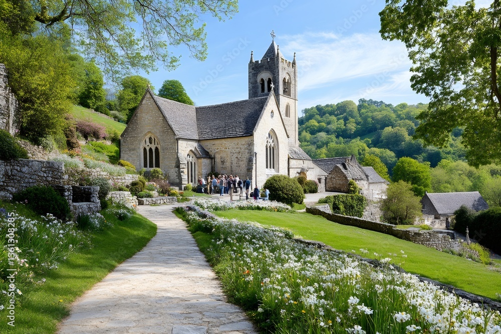 Fototapeta premium Tourists visiting the picturesque St Michael and All Angels Church in Castle Combe, England