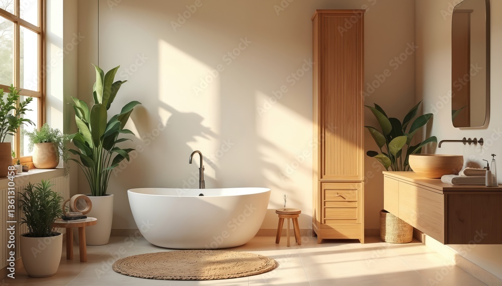 Cozy bathroom interior with Scandinavian style. Warm beige walls, wooden furniture and plants. Modern design. Natural light through window creates relaxing home atmosphere. Cozy bathroom interior with Scandinavian style. Warm beige walls, wooden furniture and plants. Modern design. Natural light through window creates relaxing home atmosphere.