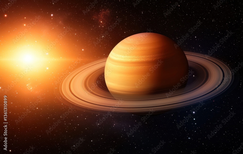 Fototapeta premium Stunning Planet Saturn Surrounded by Glowing Rings and Stars