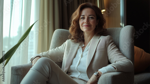 Image of a middle-aged professional woman, with a confident expression and executive attire in neutral tones, conveying authority, experience and success in the business world.