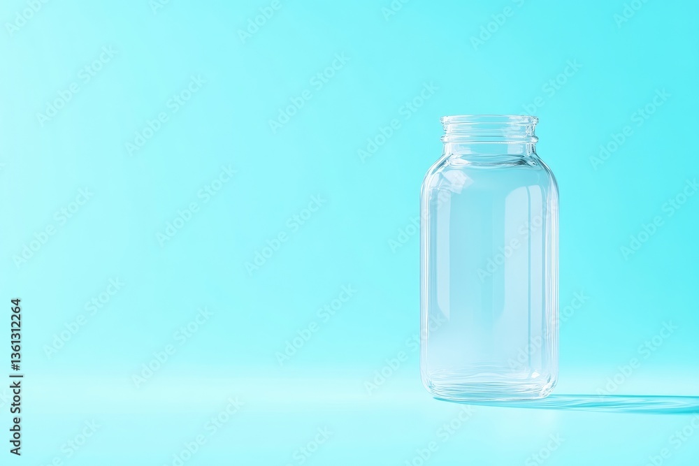 Clear glass bottle against a light teal background. Empty, rectangular, modern style Clear glass bottle against a light teal background. Empty, rectangular, modern style