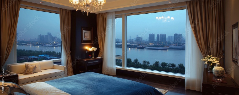 Fototapeta premium Luxurious bedroom with stunning cityscape view at dusk.