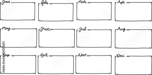Hand-Drawn Monthly Planner Template with Blank Boxes and Abbreviated Month Names in Elegant Black Ink – Minimalist Vector Design for Bullet Journals, Calendars, and Organizers