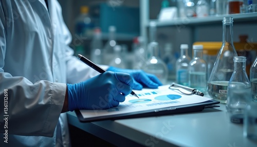 Scientist in lab coat writes charts, graphs on clipboard. Conducts scientific research, data analysis in laboratory. Healthcare, science, medicine, biotech, pharmaceutical industry.
