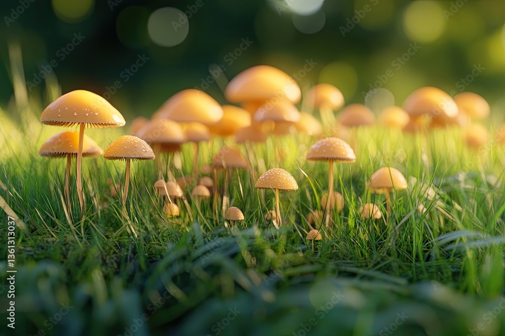 Cluster of vibrant, yellow mushrooms in a grassy meadow bathed in golden sunlight. Delicate, dewy caps stand tall among short, lush grass. Soft, out-of-focus background enhances the focal point Cluster of vibrant, yellow mushrooms in a grassy meadow bathed in golden sunlight. Delicate, dewy caps stand tall among short, lush grass. Soft, out-of-focus background enhances the focal point