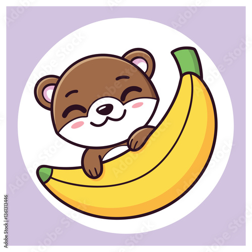 Cartoon Brown Bear Character Hugging Banana on White Circle with Purple Background