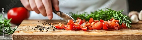 Person skillfully chopping fresh tomatoes with a sharp kitchen knife