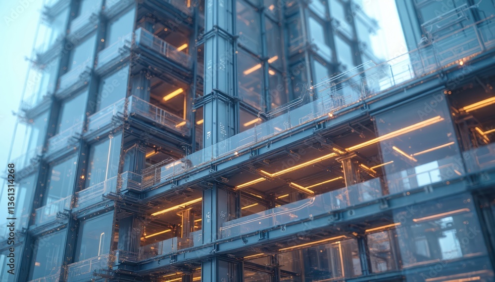 Fototapeta premium Digital construction tech with virtual blueprints, 3D models. Tech innovations in building and design with modern architectural concept. Futuristic urban city, engineering. Contemporary design.