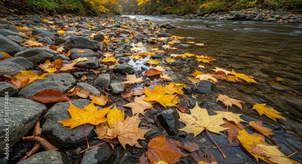 Autumn Leaves on Stream Rocks Golden and Brown Foliage Near a Tranquil Creek Autumn Leaves on Stream Rocks Golden and Brown Foliage Near a Tranquil Creek