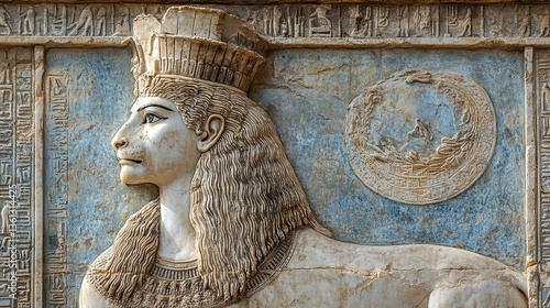 The Mesopotamian goddess Ishtar, standing proudly on a lion, exudes power and grace