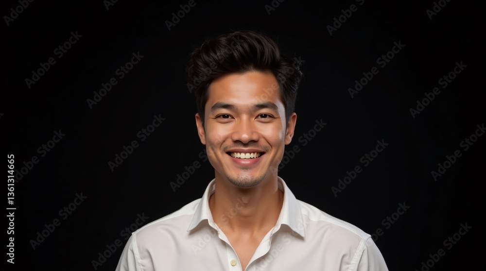 Fototapeta premium A radiant smile lights up his face, a genuine expression of joy and contentment. His dark hair is neatly styled, complementing his crisp white shirt against a stark black background.