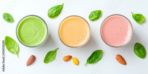 Three colorful smoothies are surrounded by spinach leaves and almonds