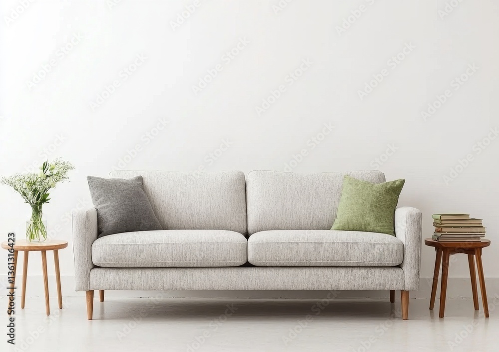 Obraz premium Modern Minimalist Living Room with Light Gray Sofa and Decor Accessories
