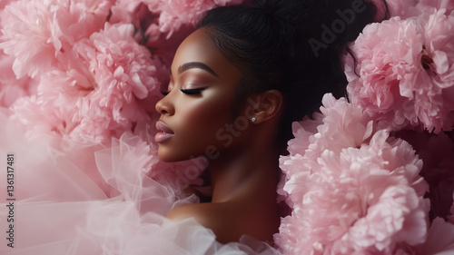 Profile portrait of an attractive Afro woman with radiant skin wrapped in an aura of flowers and soft light