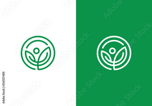nature logo vector design line art green leaf and human or person inside circle, abstract leaf and human logo symbol inside circle