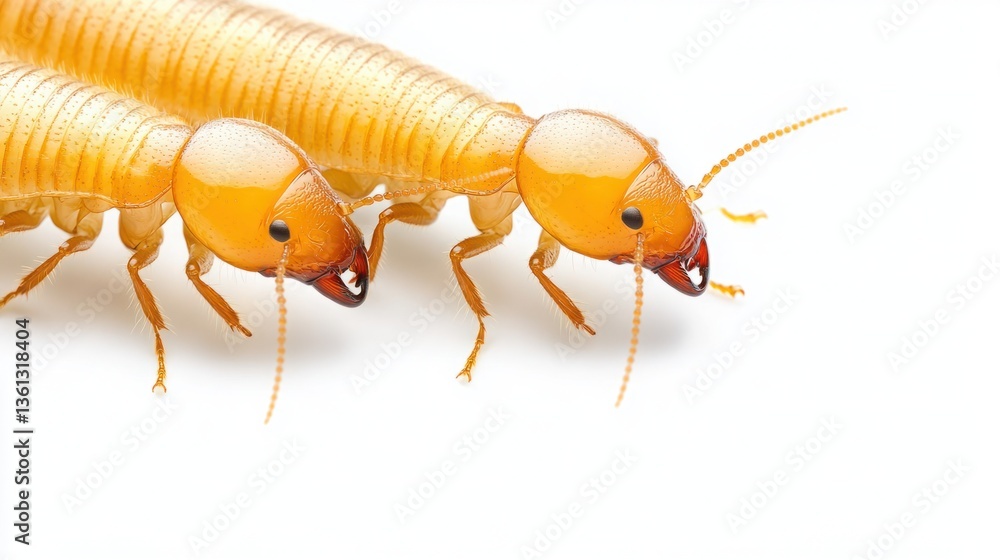 Fototapeta premium Close-Up View of Two Termites on White Background Showcasing Intricate Details of Their Bodies and Antennae with Natural Coloring and Texture