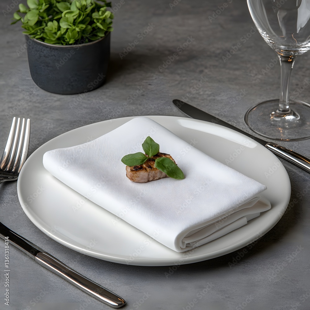 Restaurant linen napkin, grilled fish, table setting, elegant background, food photography Restaurant linen napkin, grilled fish, table setting, elegant background, food photography