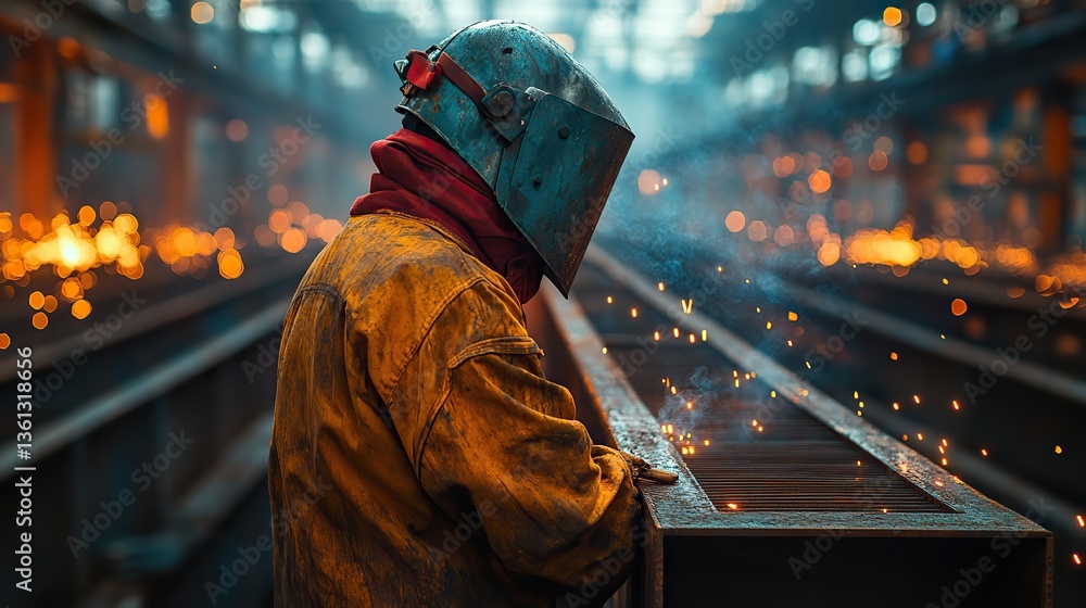 This skilled worker expertly welds metal beams at a construction site, showcasing their skill and precision in joining the structure This skilled worker expertly welds metal beams at a construction site, showcasing their skill and precision in joining the structure