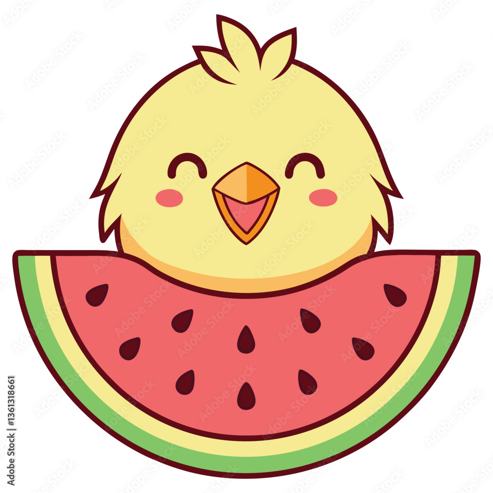Obraz premium Smiling Cartoon Chick Eating Watermelon Slice. Happy Animal. Isolated on White