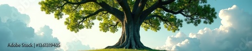 A large tree towers above the ground with its branches reaching towards the sky, majestic, stem, tree