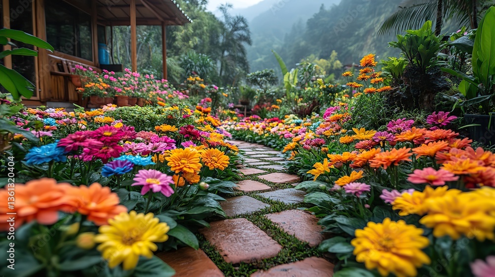 Obraz premium This vibrant flower garden in full bloom showcases the beauty of nature with colorful blossoms and lush greenery, creating a serene and enchanting atmosphere
