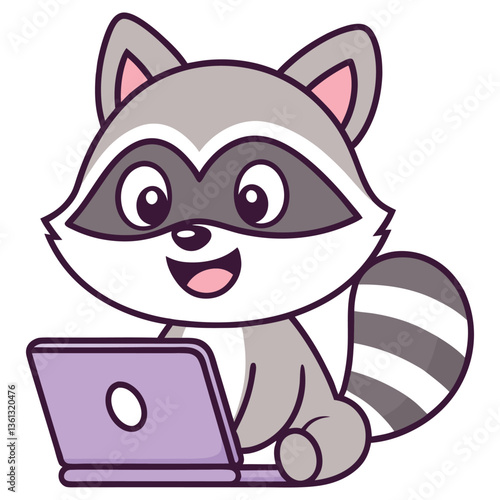Cheerful Raccoon Cartoon Character Using Laptop Computer | Flat