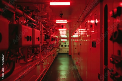 Red-lit industrial hallway