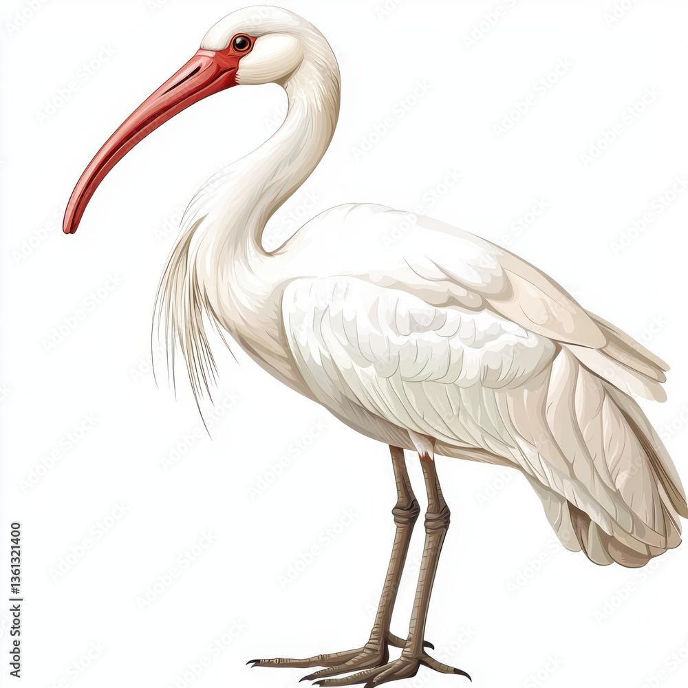 Obraz premium Elegant White Bird with Long Neck and Red Beak Standing on One Leg in a Natural Setting