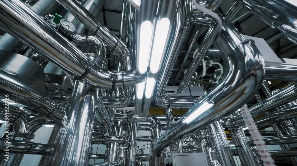 Dynamic video shot from a low angle capturing a maze of reflective metal pipes, emphasizing industrial complexity and modern engineering. Dynamic video shot from a low angle capturing a maze of reflective metal pipes, emphasizing industrial complexity and modern engineering.