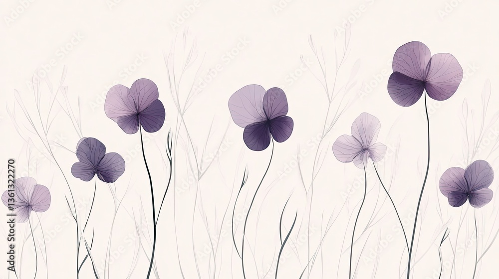 Naklejka premium Artistic botanical illustration of transparent violet flowers and delicate grass