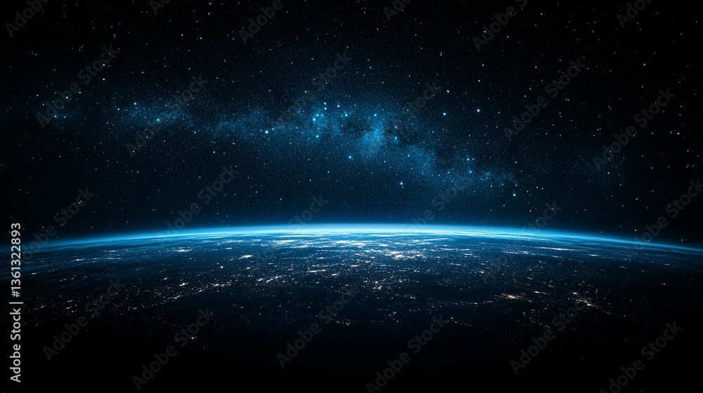 Fototapeta premium Earth at night, viewed from space, showing city lights and the Milky Way.