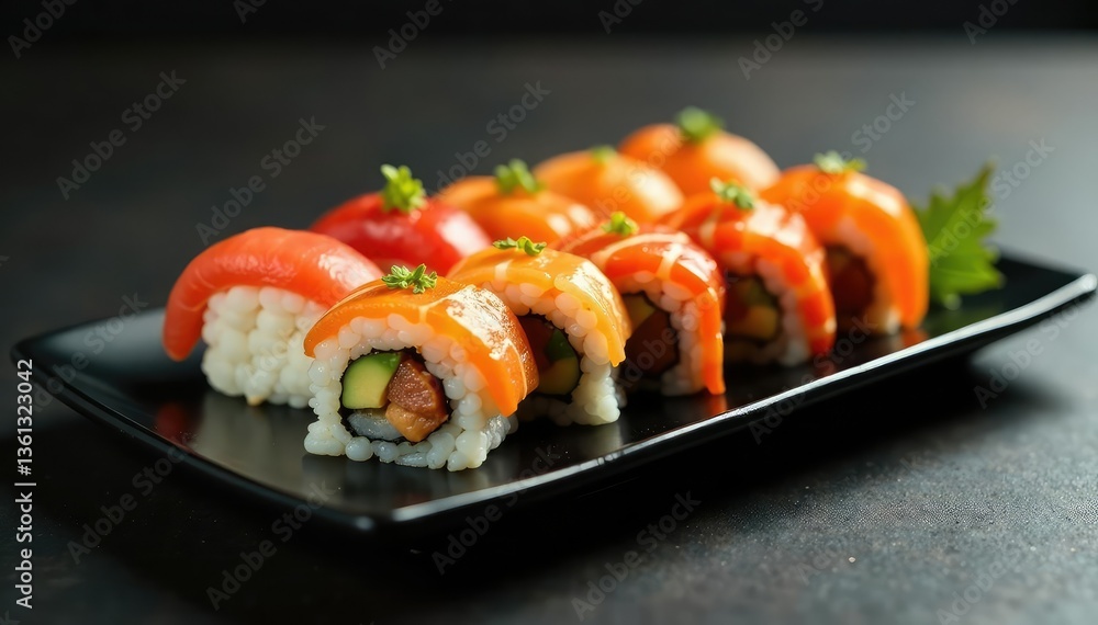 Elegant sushi platter, minimalist arrangement, minimalist, seafood, raw Elegant sushi platter, minimalist arrangement, minimalist, seafood, raw