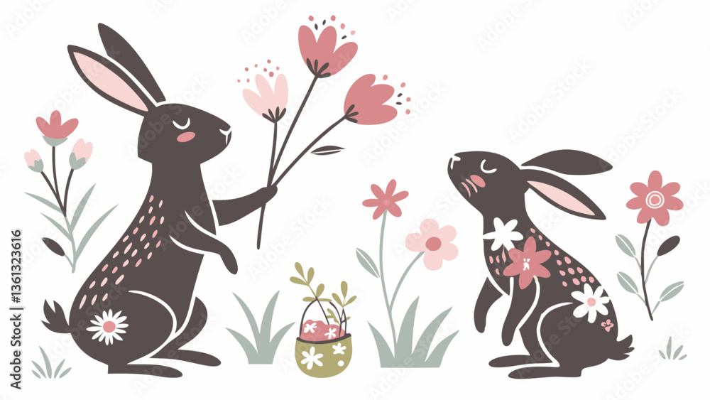 Obraz premium Cartoon bunny silhouettes. Easter cute rabbits with spring flowers, decorated hare easter flat vector illustration set on white background 