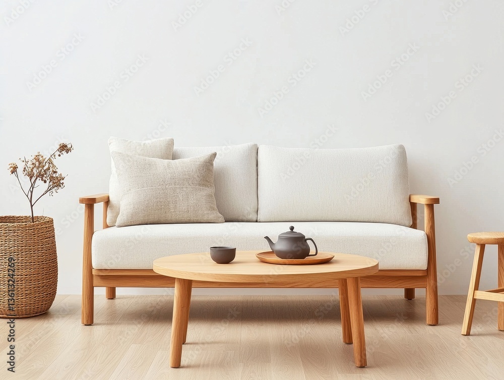 Fototapeta premium Cozy Minimalist Living Room with Wooden Furniture and Decorative Elements